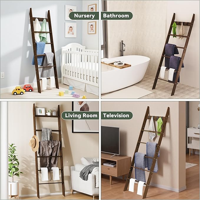 6-Tier Blanket Ladder for Living Room, 5.6FT Pine Wood Quilt Rack with 4 Anti-Slip Straps and 4 Removable Hooks, Lightweight,