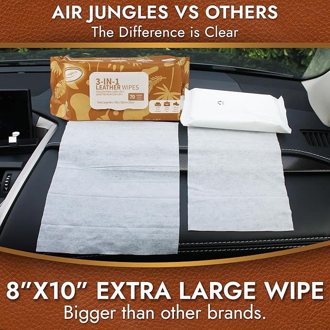 Air Jungles 3in1 Leather Wipes 140 Count, Extra Large 8" x 10" Size, Clean Condition Protect Wipes for Vinyl and Leather Appa