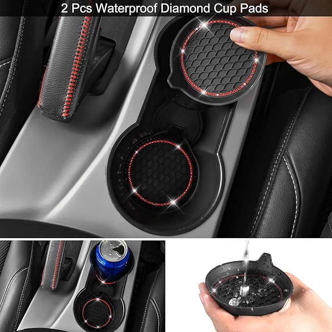 CAR PASS 30 PCS Bling Diamond Car Accessories Set for Women, Bling Steering Wheel Covers 15 Inch, Shining Rhinestone License Plate Frame, Sparkly Phone Holder, Cute Interior Set Decorations, Red