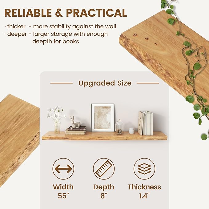 Live Edge Elm Floating Shelves for Wall Decor, Rustic Solid Wood Shevles Wall Mounted with Invisible Bracket for Living Room 