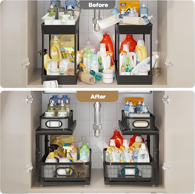 2 Pack 18.5IN-Depth Under Sink Organizer With Next-Gen Ball-Bearing Slides,2-Tier Precision Mesh Pull Out Cabinet Storage for