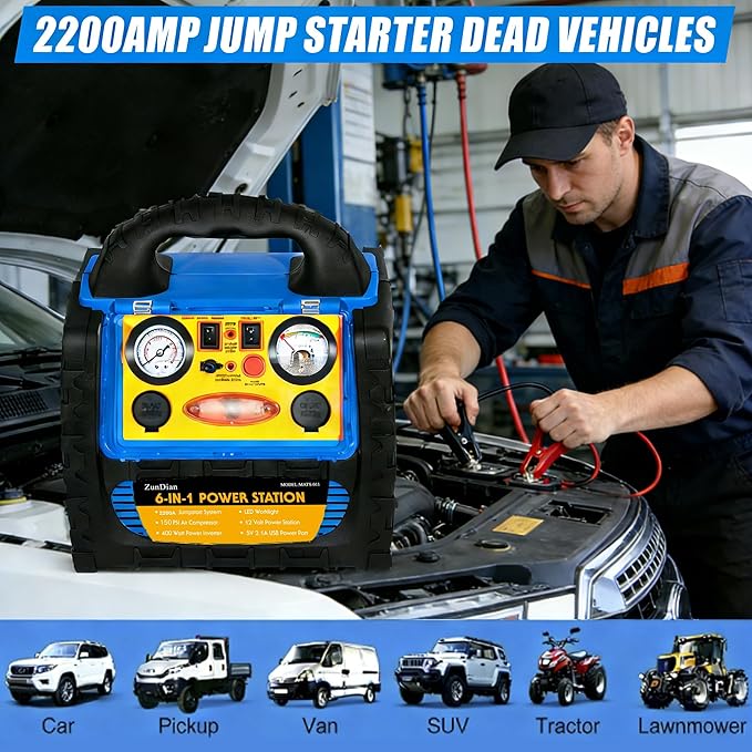 Car Jump Starter with Air Compressor, 2200A Battery Jumper Starter Portable with 260 PSI Tire Inflator, 12V Jump Box