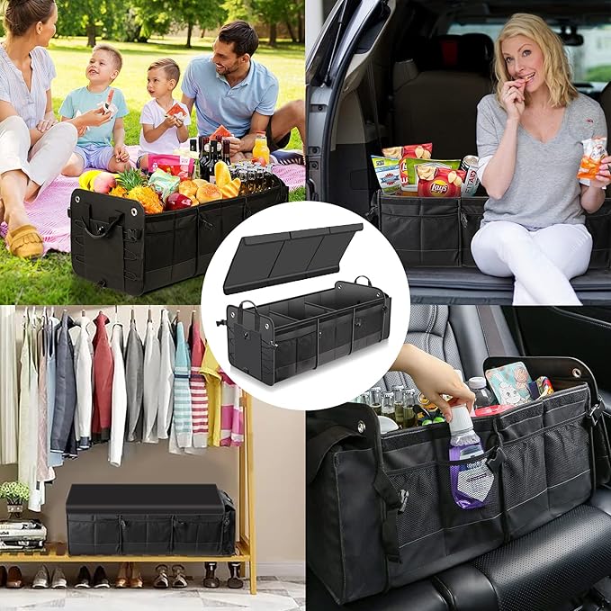 Car Trunk Organizer with Lid & Removable Leakproof Cooler Bag,Foldable Cover,Large Trunk Organizers,Multi-Compartment Collap