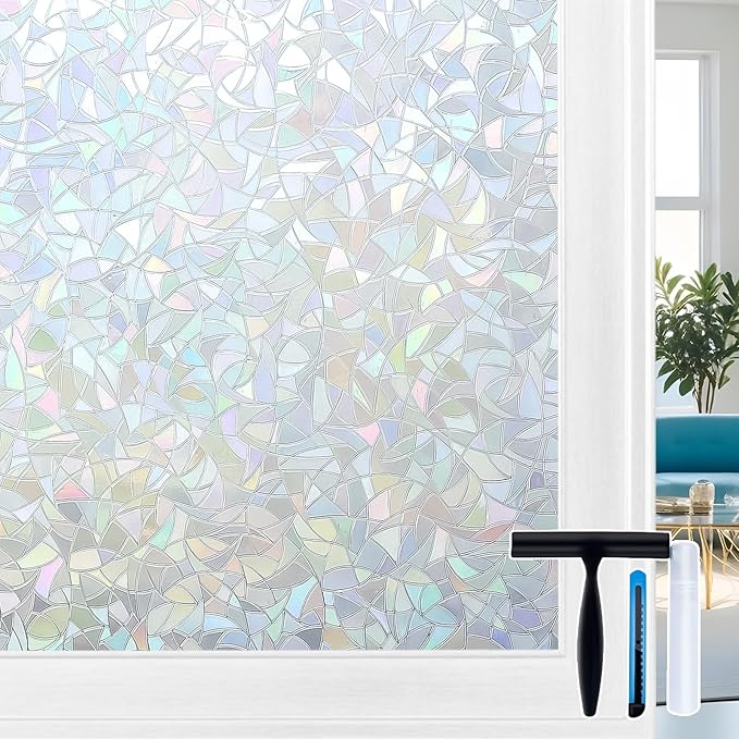 Volcanics Rainbow Window Privacy Film with Installation Tools, Decorative Stained Glass Window Film, Static Cling Heat Control Window Tinting Film Stickers, Grayish Silver, 17.5 x 78.7 inches
