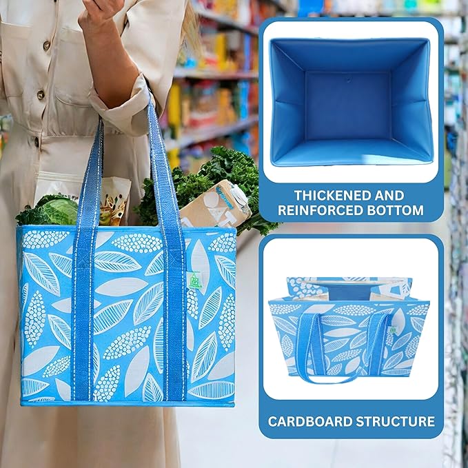 VENO 3 Pack Reusable Grocery Bags, Shopping Bags for Groceries, Tote with Handles and Hard Bottom, Foldable Shopping Cart Organizer, Water Resistant, Heavy-Duty (Spring Breeze, 6 Gallon)