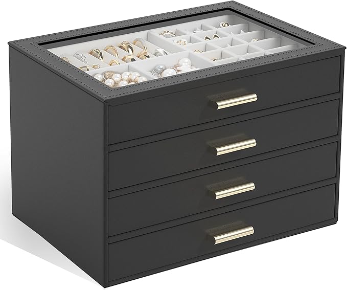 AKOZLIN Jewelry Box with Clear Lid Functional Leather Jewelry Storage Organizer Case 4 Drawers for Women Girls Necklace Ring 