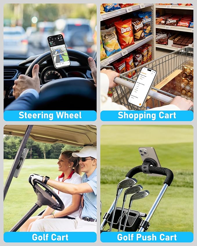 Stroller Phone Holder, Compatible with MagSafe, Magnetic Handlebar Mount, 17x N52 Strong Magnets, Fits Treadmills, Peloton, Shopping & Golf Carts, Adjustable Strap, iPhone 12–17 & Android