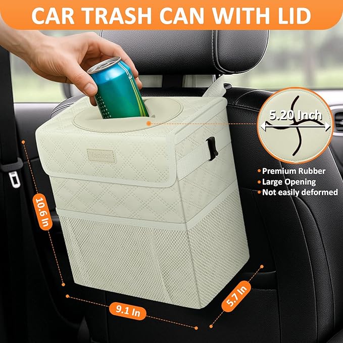 White Car Trash Can Cute, White Car Accessories for Women Waterproof Automotive Garbage Cans Leak Proof Vehicle Trash Can Diamond Pattern-Beige