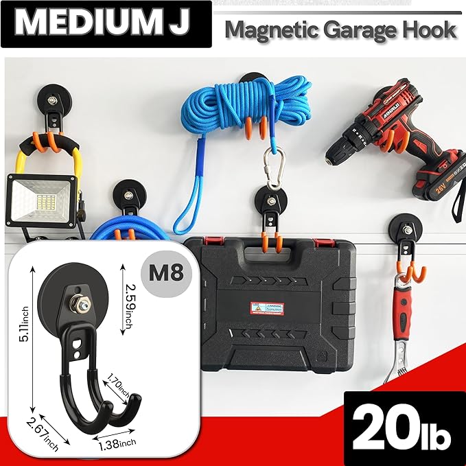 ULIBERMAGNET Heavy Duty Magnetic Garage Hooks Kit,12 Pack Strong Large Magnet Hook for Power Drill,Garden Tools,Hose,Pegboard