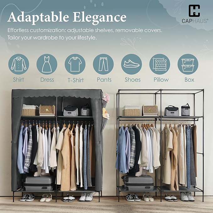 CAPHAUS 55-Inch Clothing Rack with Cover, Portable Closet Wardrobe, Covered Garment Rack for Hanging Clothes, 190LB Capacity 