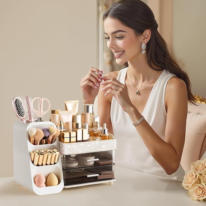 HBlife Makeup Organizer with Brush Holder for Vanity, Large Plastic Bathroom Countertop Organizer Skin Care Storage, Easy to 