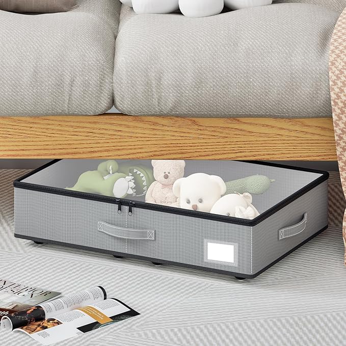Under Bed Storage with Wheels, No Assemble Required 5.5 inches height grey under bed storage bins,Low Profile Rolling Underbe