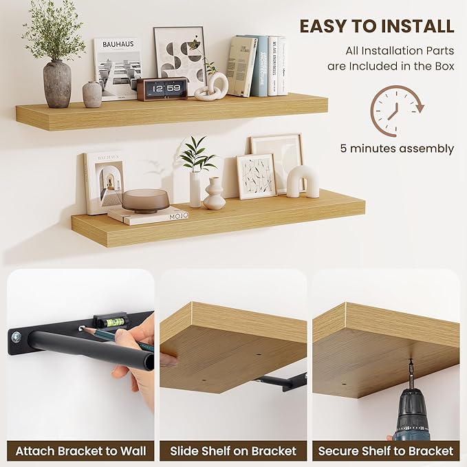 Fun Memories Floating Shelves for Wall 36 Inches, Wood Shelves with Invisible Bracket, 10" Deep Shelves Wall Mounted, Large W