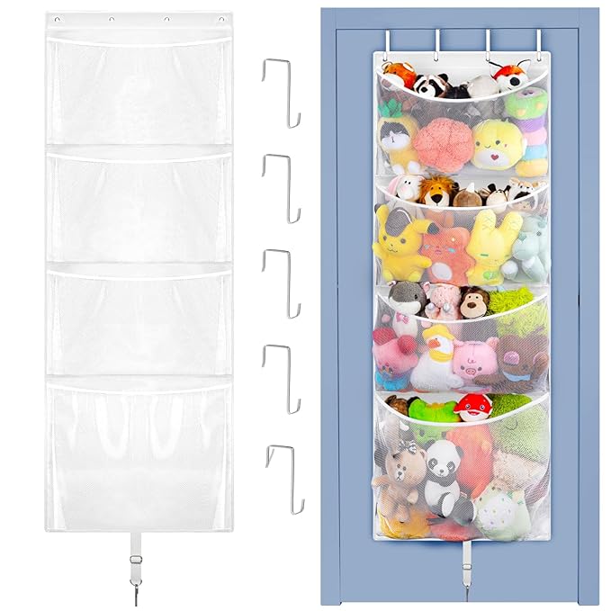 Woodoulogy Hanging Stuffed Animal Storage, Over Door Large Plush Toy Organizer with Metal Hook, Baby Accessory Holder Idea fo