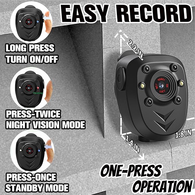 Mini Body Camera Video Recorder Built-in 128GB Card with Night Vision IR & Loop Record HD 1080P, 6 HR Battery Life Police Cam for Outdoor, Law Enforcement, Security Guard (128G With Magnetic Lanyard)