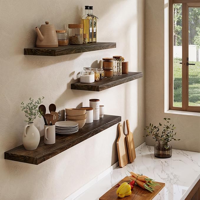 Dreamland Solid Wood Floating Shelves 30"x8" Set of 2 - Smooth Edge Elm Wall Mounted Shelf with Invisible Brackets, Minimalis