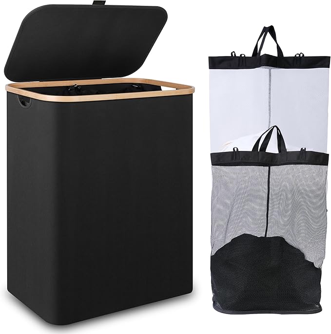 iEGrow 150L Laundry Basket with Lid,Large Laundry Hamper with Bamboo Handles, Hampers for Laundry, Dirty Clothes Hamper with 