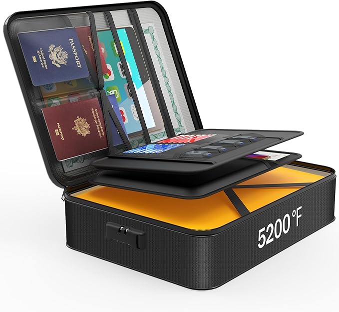 Noiposi Document Organizer with 5200℉ Heat Insulated,Waterproof and Fireproof Document Box with Lock, Home Travel Strong Fire