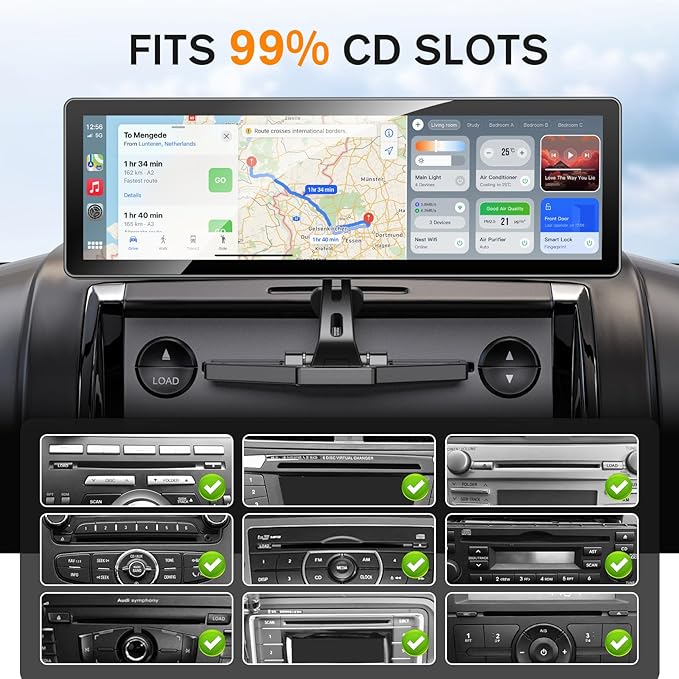 Extended Arm CD Slot CarPlay Screen Mount – Higher Viewing Position for Better Visibility, Extra Clearance for Various Dashboard Layouts, Compatible with 7"–10.26" CarPlay Displays