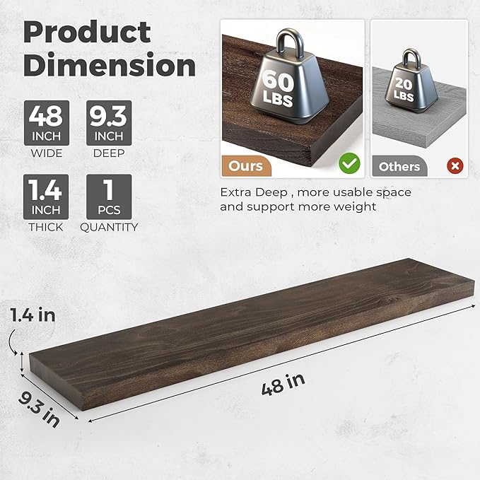 RICHFOCUS Elm Floating Shelves for Wall - 48" W x 9.3" D Rustic Solid Wood Shelves with Invisible Bracket, Wall-Mounted for L
