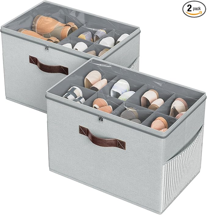 Budding Joy 2 Pack Shoe Organizer for Closet, Clear Foldable Shoe Storage Containers Adjustable Dividers Fits 16 Pairs,Shoe S