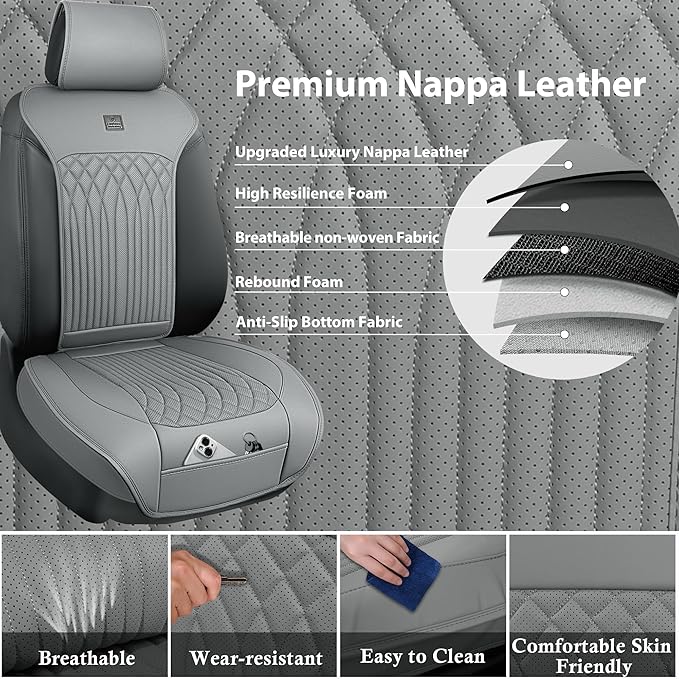 CAR PASS Car Seat Protector, 2 Pack Sideless Nappa Leather Seat Covers for Cars, All Season Waterproof Breathable Front Seats