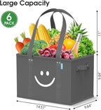 WISELIFE Reusable Grocery Bags 6 Pack - Collapsible Tote Shopping Bags with Sturdy Handles & Bottom to Stands Upright, Grey
