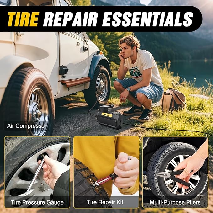 Nilight Car Emergency Kit with Jumper Cable Air Compressor Tire Repair Essential Tools First Aid Alligator Connector Electric
