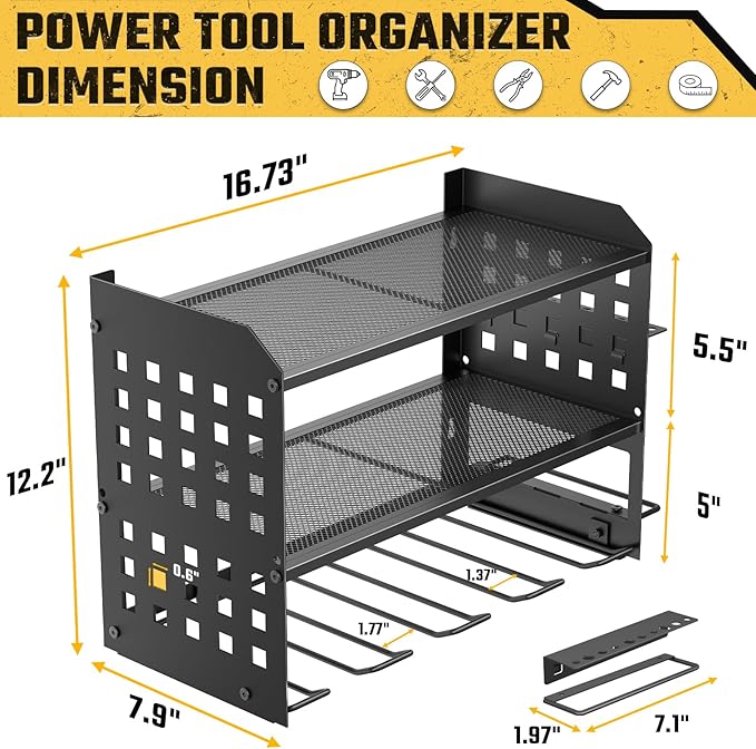 SPACECARE Power Tool Organizer, Drill Holder Wall Mount with 2 Side Pegboards with Hooks, 3 Layer Garage Organization Heavy D