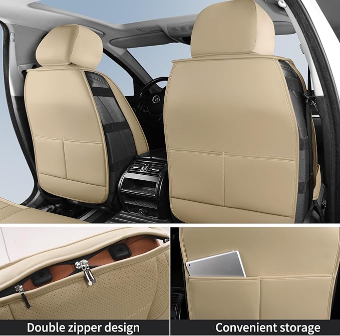 Nappa Leather Car Seat Covers Full Set, Beige Car seat Protector 5 Seats, Waterproof Car Seat Cushion, Universal Automotive S