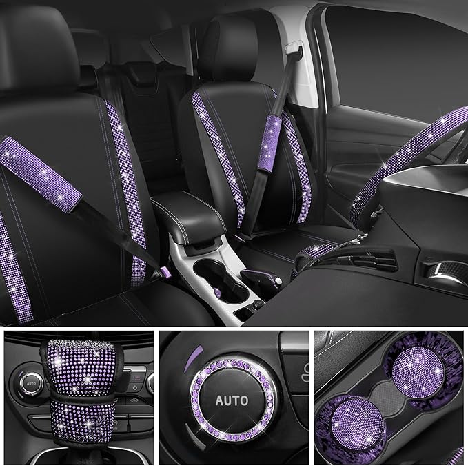 CAR PASS Bling Diamond Leather Car Seat Covers 11 PCS, Sparkly Rhinestone Steering Wheel Cover Glitter Cute Interior Car Acce