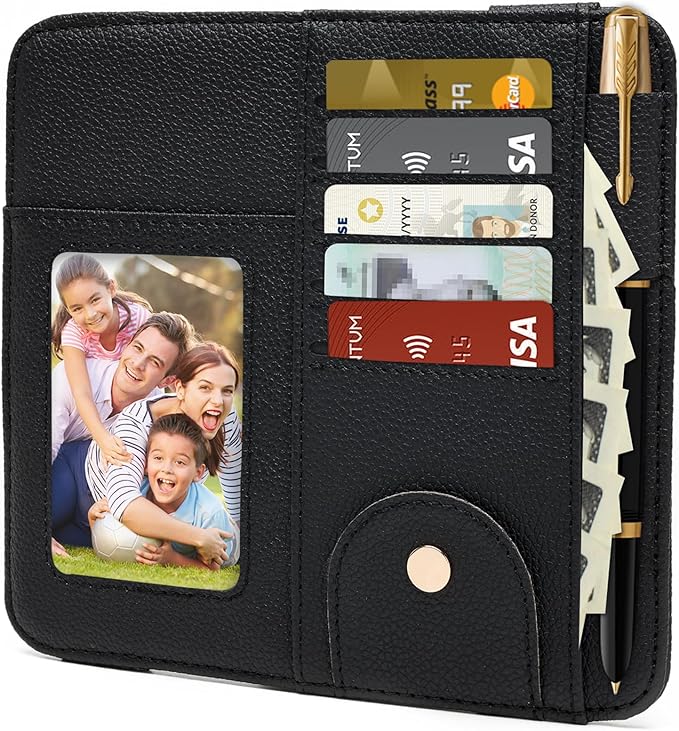 Visor Organizer, Black Sunglass Holder For Car, Sunvisor Organizers with Multiple Pockets and Picture Frame, Essential Car Interior Accessories for Women and Men
