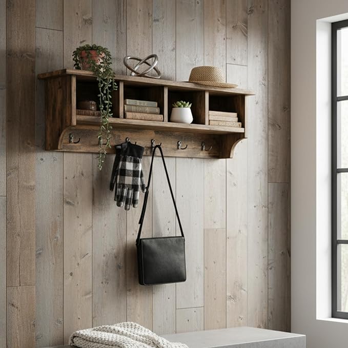 Alaterre Furniture Pomona Entryway Organizer – Rustic Farmhouse 48-Inch Wall-Mounted Coat Rack with 6 Double Hooks & 4 Open C
