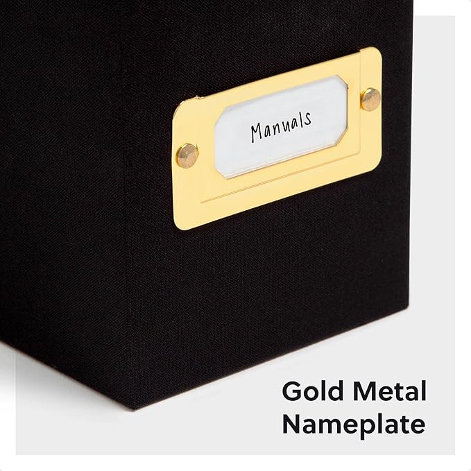 SMEAD Flip Top File Box, 10" x 3.7" x 13", Black Natural Linen, Gold Metal Nameplate (70233)