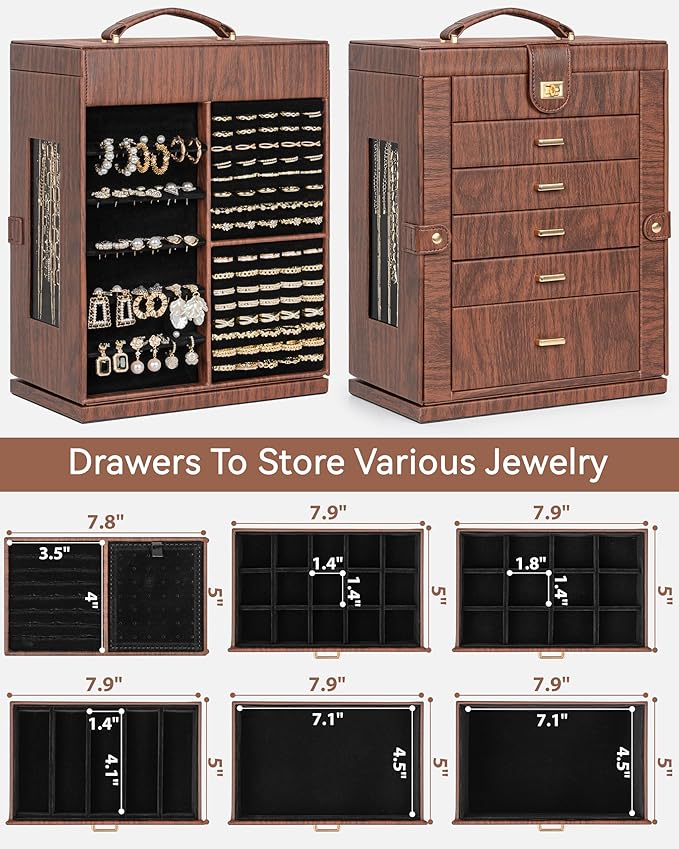 AKOZLIN 360° Rotating Jewelry Box Extra Large 6-Tier Organizer Functional Jewelry Storage Case for Women Girls Ring Necklace 