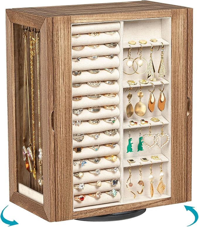 Emfogo 360° Rotating Jewelry Box for Women, Rustic Wooden Jewelry Organizer Box with 5 Drawers, Glass Doors, Vertical Open De
