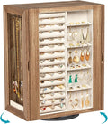 Emfogo 360° Rotating Jewelry Box for Women, Rustic Wooden Jewelry Organizer Box with 5 Drawers, Glass Doors, Vertical Open De