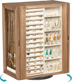 Emfogo 360° Rotating Jewelry Box for Women, Rustic Wooden Jewelry Organizer Box with 5 Drawers, Glass Doors, Vertical Open De