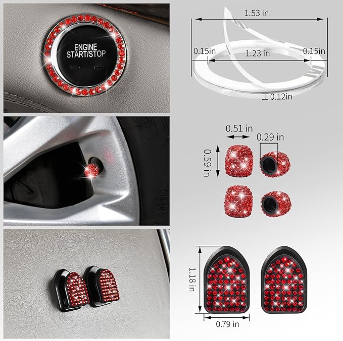 CAR PASS 30 PCS Bling Diamond Car Accessories Set for Women, Bling Steering Wheel Covers 15 Inch, Shining Rhinestone License Plate Frame, Sparkly Phone Holder, Cute Interior Set Decorations, Red