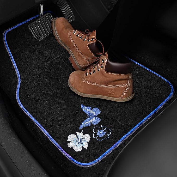 CAR PASS Universal Fit Embroidery Butterfly and Flower Car Floor Mats, Blue Car Floor Mats Fit 95% Automotive,SUVS,Sedan,Vans