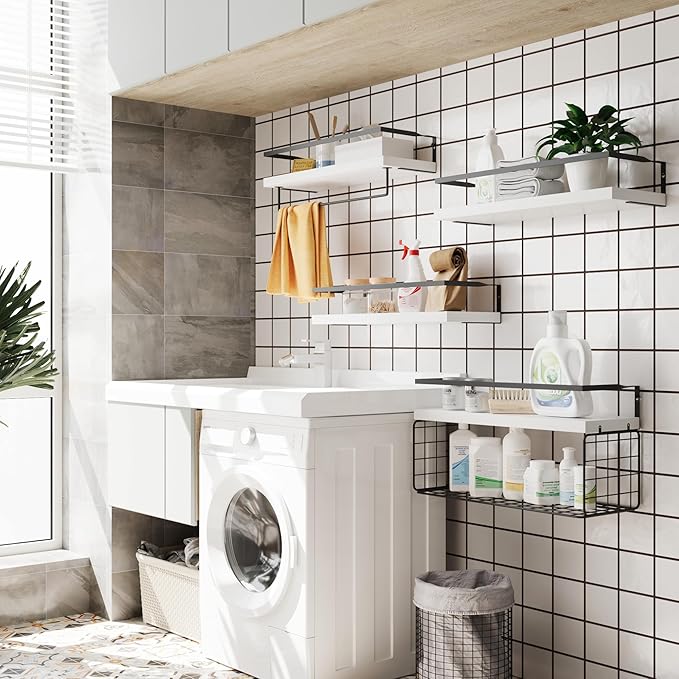 White Wood Floating Shelves Wall Mounted - 4+1 Tier Rustic Bathroom Wall Shelves Over Toilet with Wire Storage Basket and Tow