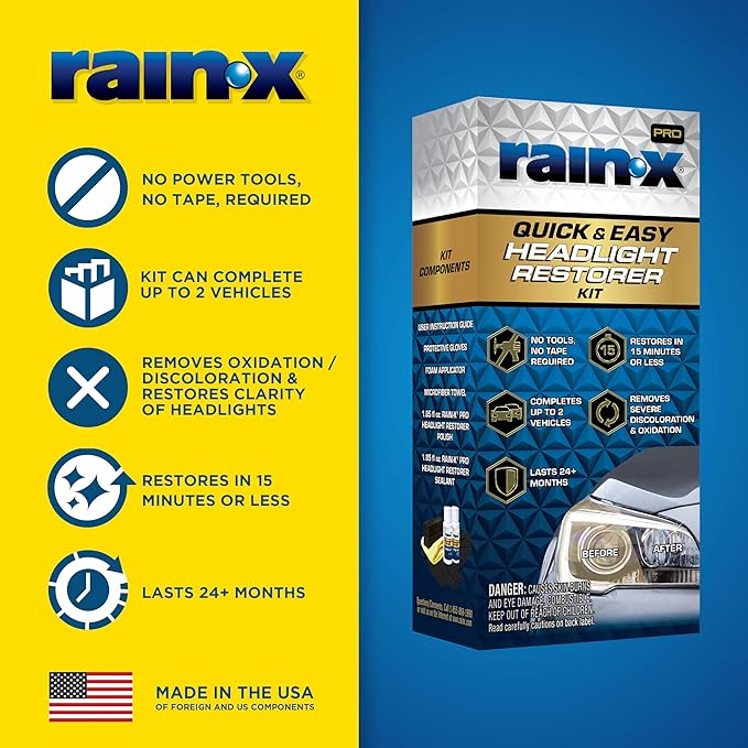 Rain-X 610200 2-Step Headlight Restorer Kit, Restores Clarity of Headlights Preventing Oxidation & Discoloration, Quick & Eff