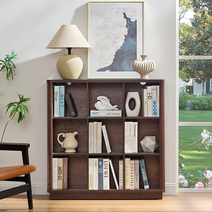 Joaxswe 9 Cube Bookshelf, 40.5" Wide Organizer Bookcase with Curved Edge, Wood Floor Standing 3-Tier Cubby Book Shelf with Ba