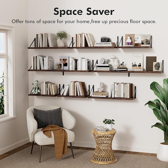 Floating Shelves for Wall, 24W x 8D Wide Bookshelf with Brackets Set of 3, Wood Wall Mounted Shelves for Living Room, Kitchen