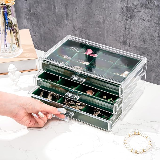 ProCase Earring Holder Organizer Jewelry Box with 3 Drawers, Acrylic Clear Earring Case with Adjustable Velvet Trays for Wome