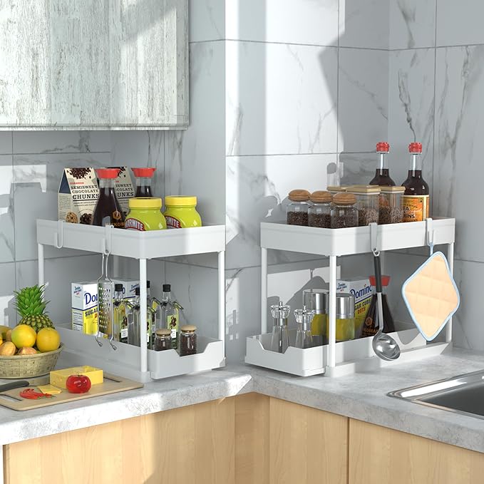 DEKAVA Cabinet, 2 Pack Under Sink Organizer, 2 Tier Sliding Bathroom Kitchen Organizer, Large White ABS Baskets, Easy Install
