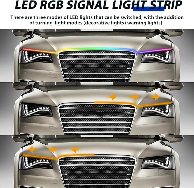 RGB Hood Light Strip DRL Car Led Lights Exterior IP68 Waterproof Multicolor Dynamic Scan Start Up Hoodbeam Kit Lights Compatible with Cadillac,Truck,SUV,APP Control,12V 94.5inches