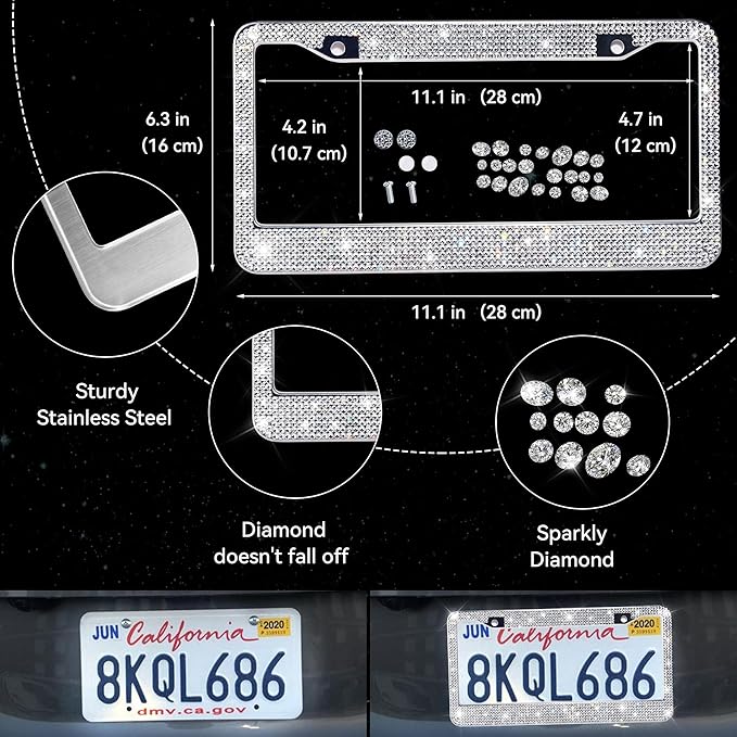 CAR PASS 30 PCS Bling Diamond Car Accessories Set for Women, Bling Steering Wheel Covers 15 Inch, Shining Rhinestone License Plate Frame, Sparkly Phone Holder, Cute Interior Set Decorations, Silver