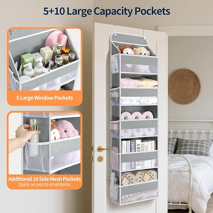 Yecaye Over The Door Organizer Storage, 5-Tier Heavy Duty Door Organizers Hanging with 10 Side Mesh Pockets, 44 lbs Load Capa