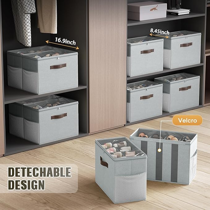 Budding Joy 2 Pack Shoe Organizer for Closet, Clear Foldable Shoe Storage Containers Adjustable Dividers Fits 16 Pairs,Shoe S